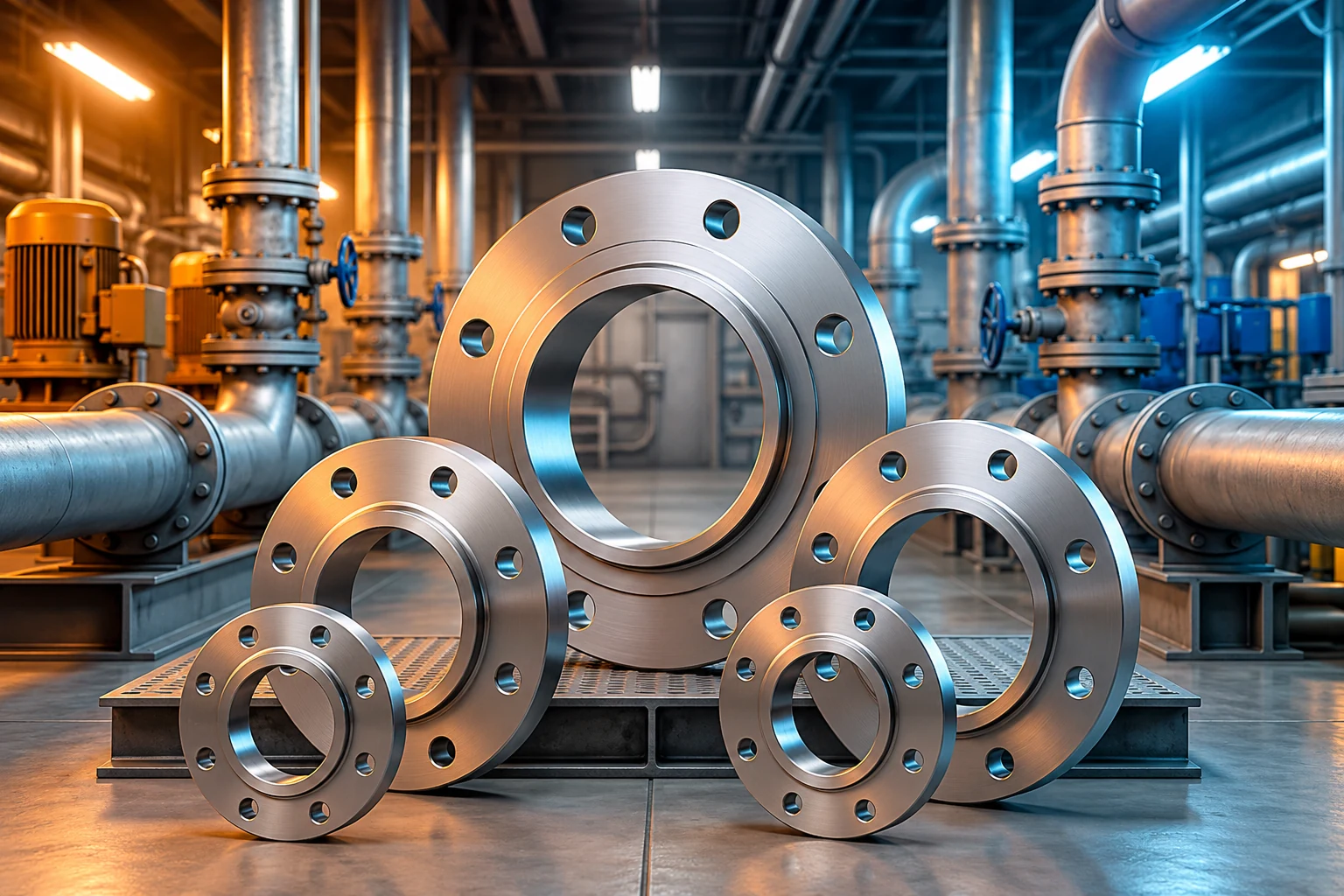 Marine machinery components, propellers and engine parts in a workshop