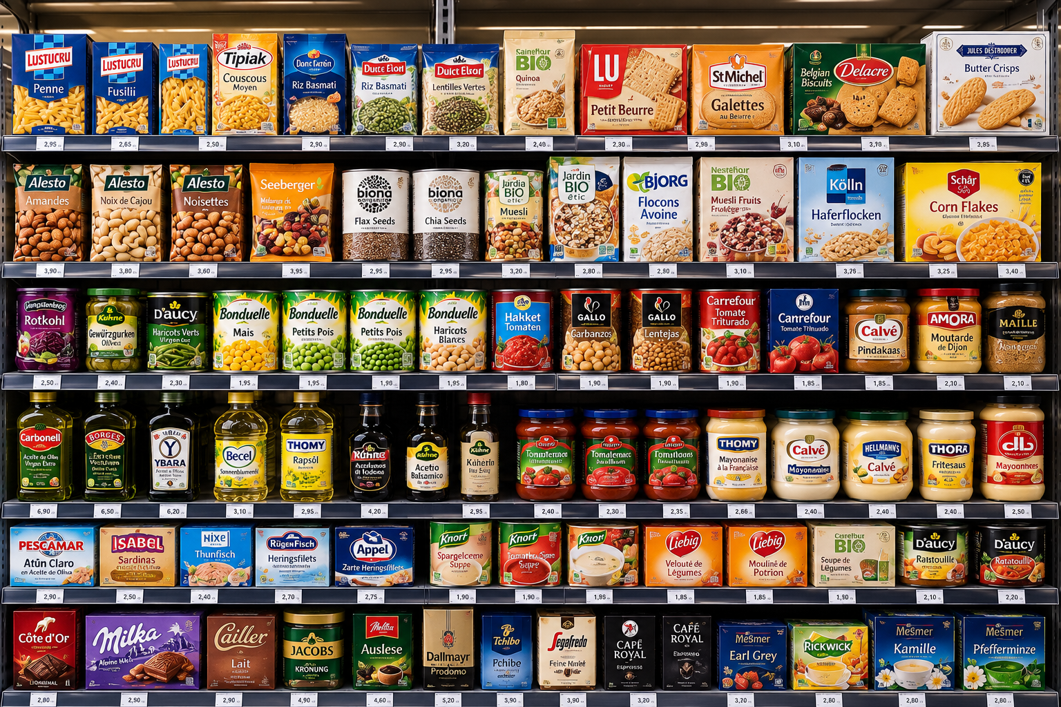 Shelves stocked with packaged bonded goods, beverages and snacks